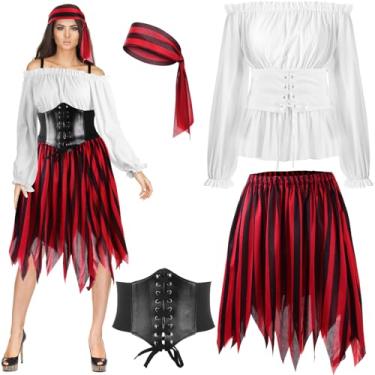 Imagem de Newcotte Fantasia de pirata feminina adulta renascentista blusa top saia espartilho cinto cintura listras lenço de cabeça roupa, Branco, G