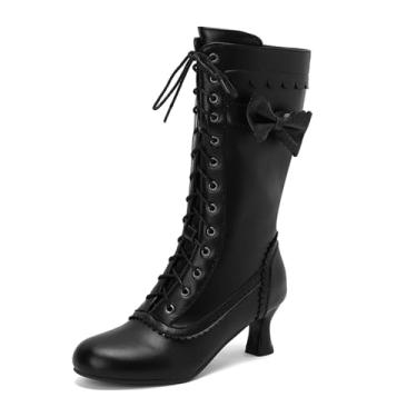 Imagem de Botas femininas vitorianas vintage Mary Janes meia panturrilha gótica, bico redondo, cadarço, zíper, laço doce, salto gatinho, flora com bordas, retrô, Halloween, bruxa, linda, lolita, bomba, kawaii,