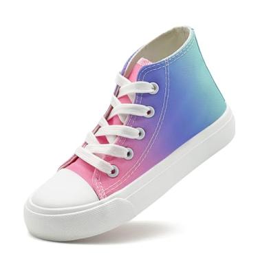 Imagem de xinlanlin Tênis infantil para meninas, meninos, cano alto, cadarço de lona, moderno, confortável, clássico, casual, tênis de corrida, Arco-íris, 10 Toddler