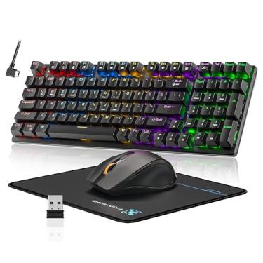 Imagem de Teclado e mouse para jogos mecânicos sem fio, bateria recarregável de 2000 mAh com retroiluminação arco-íris, mouse para jogos de 3200 DPI com mouse pad, BT5.0/2.4G/USB-C, teclado anti-fantasma de 98