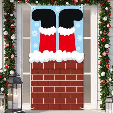 Imagem de Justforjoyful Decoração de capa de porta de Natal, chaminé, chaminé, Papai Noel, faixa de porta de Natal, pano de fundo para pendurar no inverno, faixa de fundo de Natal para decoração de casa, ao ar
