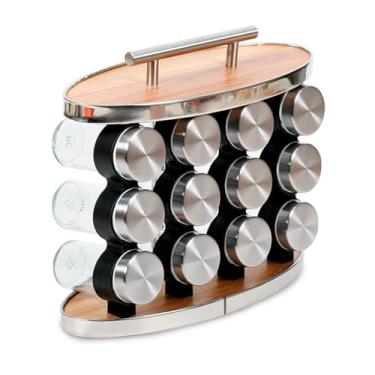 Imagem de Porta Temperos De Inox Madeira Vidro Conjunto De Potes Para Condimentos De Mesa Suporte Organizador