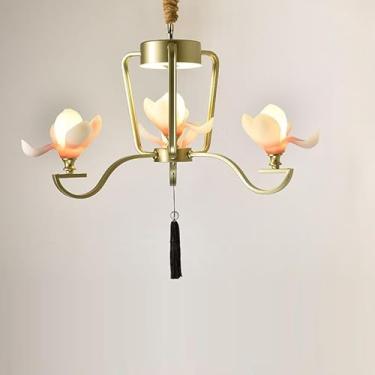 Imagem de OUFULA Luminária pendente de lótus contemporânea chinesa retrô criatividade sala de estar restaurante quarto villa hotel balcão decoração led lustre (E Gold 3 lights)