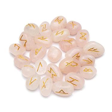 Imagem de ARHAM CRYSTAL Conjunto de pedras runas de quartzo rosa com bolsa de veludo, símbolos de alfabetos rúnicos de adivinhação gravados Viking Ancião Futhark para bruxas de Reiki e equilíbrio de energia