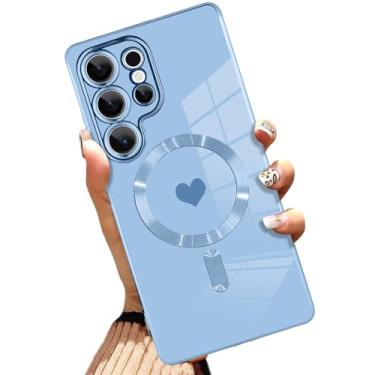 Imagem de AIGOMARA Capa magnética feita para celular ultra [compatível com carregamento sem fio] design de coração TPU macio galvanizado capa fina antiarranhões à prova de choque para mulheres - azul