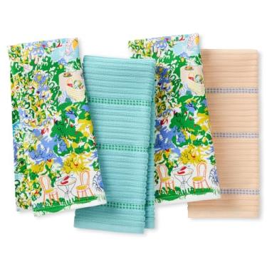 Imagem de Kate Spade New York Conjunto de 4 toalhas de cozinha Spring Garden, absorvente 100% algodão, azul/verde/bege, 43 x 71 cm