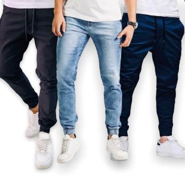 Imagem de KIT C/3 Calças Jeans Sarja Jogger Masculina Casual Calça - IRON, M, Az