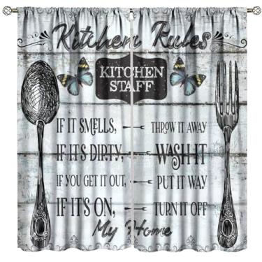 Imagem de Cortinas blecaute de cozinha rústica Blue Farmhouse, vintage, regras de cozinha, celeiro, campo, madeira, padrão de tábua, cortina, janela com 2 painéis, para quarto, cozinha, café, decoração, 160 cm