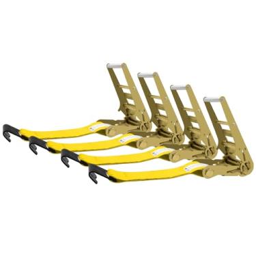 Imagem de SALUINOKI Pacote com 4 ganchos planos de catraca de 10 cm, amarelo resistente x 30 cm (sem alça), compatível com correias de guincho de 10 cm para reboque de mesa