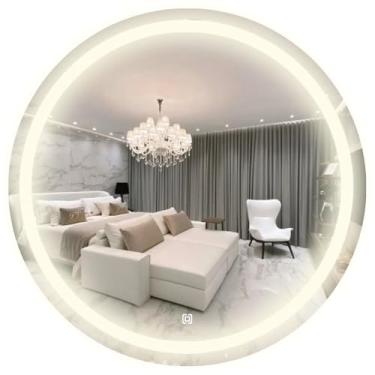 Imagem de Espelho jateado parede lapidado decorativo redondo 80x80cm luz led touch Screen Dimerisável luxo Iluminado Pendurador - Led quente, neutro ou frio (Led Neutro 4000k)
