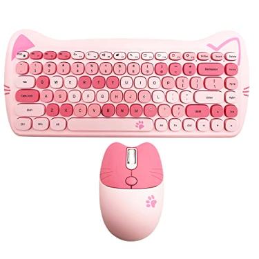 Imagem de Mouse e teclado sem fio, combo de teclado de gato fofo para presente, mouse de computador sem fio de 2,4 G com receptor USB para laptop, PC, Mac (flor de cerejeira)