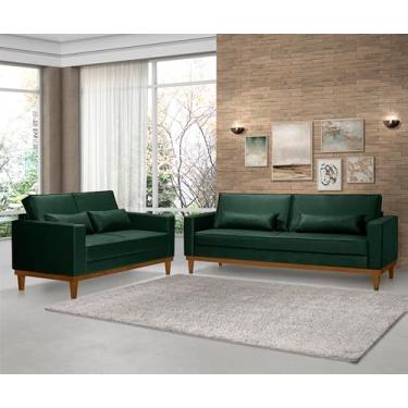 Imagem de Conjunto Sofá Living Valência 3/2 Lug. Base Madeira - Veludo Verde
