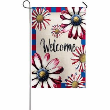 Imagem de Bandeira de jardim premium do Dia da Independência para o Dia da Memória Externa Vermelho Azul Margarida Bem-vinda Bandeiras de Jardim de Serapilheira Decoração Externa - Clima e Costura Dupla - 30,5