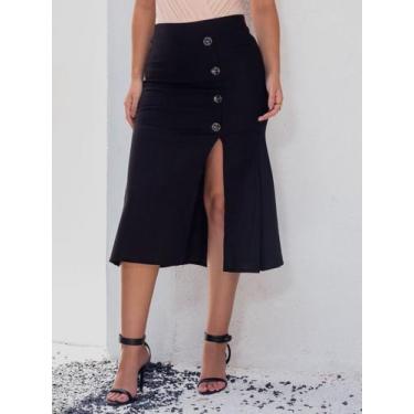 Imagem de Saia midi de linho com elastano - Lumia, Preto, P