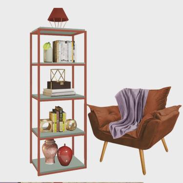 Imagem de Kit Poltrona Fatte com Manta Soft Lilás e Estante Livreiro Ferro Bronze mdf Verde Oliva Suede Terracota - Ahazzo Móveis