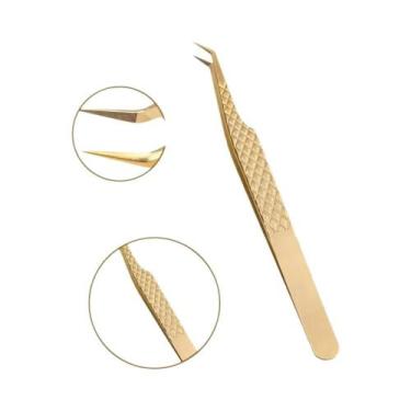 Imagem de Pinça Profissional para Extensões de Cílios com Pontas de Fibra Dourad
