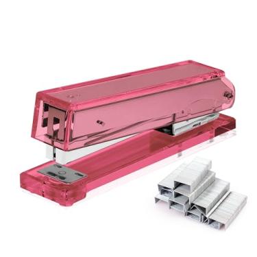 Imagem de OfficeGoods Grampeador de acrílico – Alicate de mesa rosa estético e durável para escritório moderno – Material de escritório elegante e compacto para mulheres e homens
