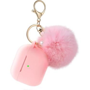 Imagem de Capa protetora para AirPods 4ª geração, capa de silicone macio com pompom fofo e kit de chaveiro (rosa)
