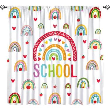 Imagem de Cortinas infantis boho arco-íris volta às aulas primeiro dia de escola tratamentos de janela para jardim de infância sala de aula adorável cortinas de janela arco-íris boêmias para meninas quarto de