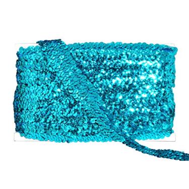 Imagem de Mandala Crafts Acabamento de fita elástica de lantejoulas - Acabamento elástico de lantejoulas azul-petróleo de 2,5 cm para costura - Faixa de lantejoulas elásticas metálicas de 10 metros de tecido