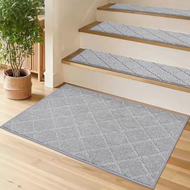 Imagem de COSY HOMEER Passos de escada antiderrapantes para escadas internas para degraus de madeira, tapetes de escada antiderrapantes para crianças e cães, 100% poliéster TPE, cinza, 50 x 81 cm