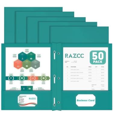 Imagem de Duas pastas de bolso, RAZCC pacote com 50, duas pastas de bolso com pinos, pastas de 3 pinos para papel tamanho carta, pastas de arquivo de bolso para escola, escritório, casa, negócios, turquesa