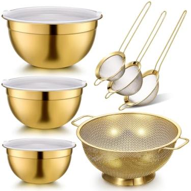 Imagem de Baderke 7 peças de acessórios de cozinha dourados, incluindo escorredor dourado de aço inoxidável de 4 litros e 3 peças de filtro de malha fina, tamanho 1, 1,5, tigelas de 2 litros com tampas