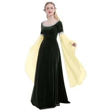 Imagem de daizbella Vestido de fantasia renascentista medieval feito à mão vestido retrô histórico vestido de veludo com mangas de chiffon, Verde, GG
