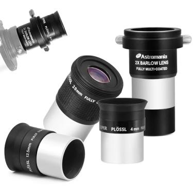 Imagem de Astromania Kit de acessórios para telescópio com conjunto de óculos de telescópio de 1,25 polegadas 4 mm 12,5 mm 20 mm 52 graus lente super plossl e lente Barlow 2X de 1,25 polegadas com rosca T metal