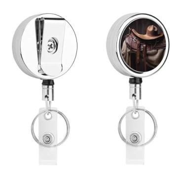 Imagem de Selim de cavalo com um chapéu de cowboy carretel retrátil selvagem com clipe de metal porta-crachá de identificação carretéis de crachá resistentes com chaveiro porta-cartões de nome para trabalhador