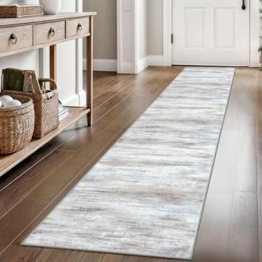 Imagem de KOZYFLY Tapete de corredor abstrato moderno, 5 x 20 cm, antiderrapante, lavável, macio, listrado, tapete de cozinha, tapete bege estampado para entrada, banheiro, lavanderia, hall de entrada