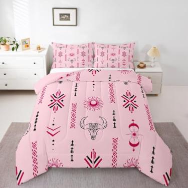 Imagem de jejeloiu Conjunto de edredom Queen asteca ocidental, geométrico, vintage do sudoeste, boêmio, caveira, touro, tribal, abstrato, preto, rosa, macio, 3 peças