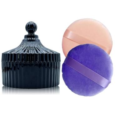 Imagem de Pacote com 2 puffs de pó bege e roxo de 14 cm – Puff grande macio para o corpo e o rosto, grande puff para pó corporal, estojo de pó para pó para pó para pó para pó de pó com enchimento (Preto)