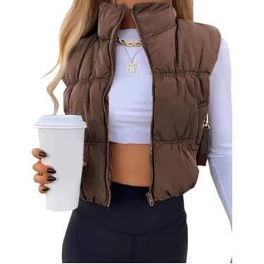 Imagem de Colete Puffer Feminino Cropped Zip Up Inverno Gola Alta Leve Sem Mangas Acolchoado Colete Gilet Com Bolso, Coffee, L