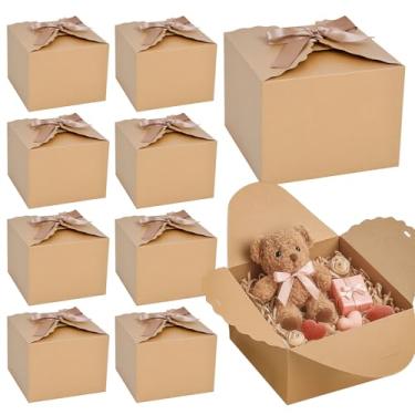 Imagem de VGOODALL 10 caixas de presente, 12 x 12 x 9 cm, caixas de doces marrons com fita, mini lembrancinhas de festa de papel kraft para presentes de chocolate e biscoitos doces, suprimentos de festa