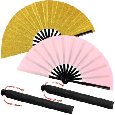 Imagem de Maitys 2 pacotes de leques grandes de palmas para dança em linha, grandes ventiladores chineses dobráveis para homens e mulheres, festivais, tai ji, kungfu, artes marciais, presentes (rosa brilhante e