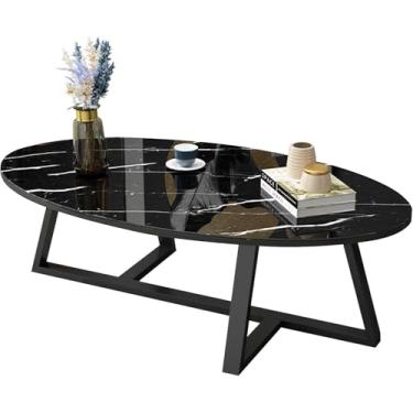 Imagem de Mesa De Café Oval De Vidro Para Sala De Estar, Mesa De Centro Moderna Com Mesa De Centro De Sofá Com Mármore Falso Vidro Temperado Desktop & Pernas De Me, Black Stone Pattern, 120X60X45CM
