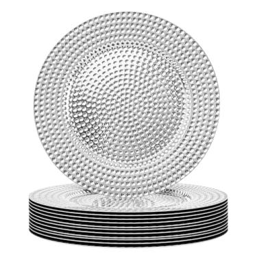 Imagem de MAONAME Conjunto de 12 pratos de carregador de prata de 33 cm, carregador de plástico para pratos de jantar, carregadores de placas galvanizadas, carregadores redondos de martelo para mesa, decoração