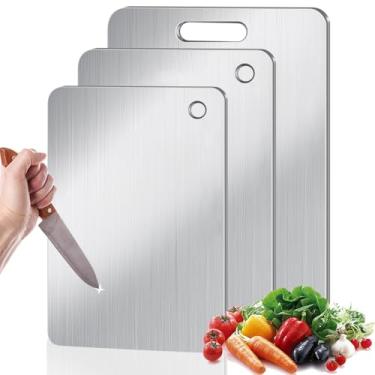 Imagem de BHLPOOGY Tábuas de corte de titânio para cozinha, conjunto de 3 tábuas de corte de titânio dupla face de grau alimentício para carne, queijo, vegetais e frutas (P + M + G)