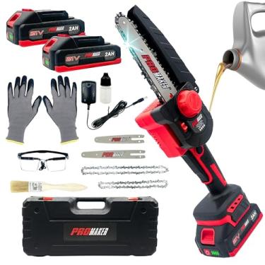 Imagem de PROMAKER Mini motosserra sem escova de 20 cm e 15 cm, 7 AMP, velocidade de corrente de 9 m/s, serra elétrica sem fio, alimentado por bateria de 21 V, 2 baterias, lubrificador automático, óculos de