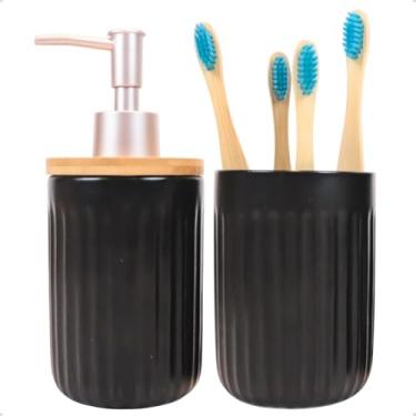 Imagem de Conjunto 2 Peças para Banheiro Porta Sabonete Líquido e Porta Escovas de Cerâmica Canelado Preto