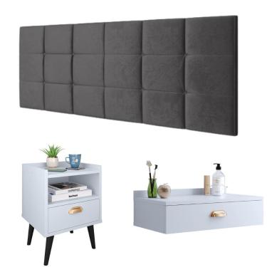 Imagem de Kit Decorativo Quarto Casal Penteadeira Suspensa Gloss Mesinha Lateral Estilo Branco Cabeceira Cama Box Queen Bia 1.60 Cinza Suede - RPM Móveis