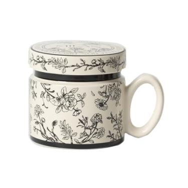 Imagem de Jardim Arte Copo Cerâmica, Canecas Café com Flores Pintadas, Canecas Chá com Tampa, Caneca Bebida & Caneca Água, para Escritório, Microondas Segurança, Bebidas Quentes e Frias (Preto)