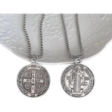 Imagem de Colar Pingente Aço Prata São Bento Grafite Masculino Pai Fé católica R