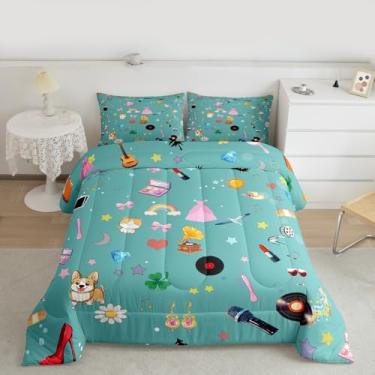 Imagem de Erosebridal Jogo de cama solteiro com tema musical para meninas, mulheres, moderno, guitarra, batom, cobra, flor, azul-petróleo, presente para amantes de música, cantores, amigas