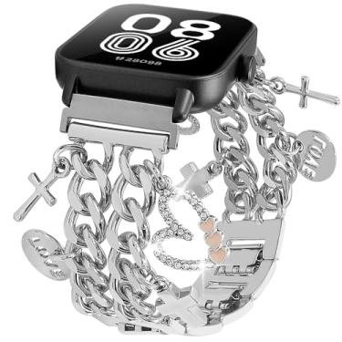 Imagem de REALSIGN Pulseira feminina de metal de 22 mm compatível com Samsung Galaxy Watch 3 de 45 mm, Gear S3 Frontier/Classic, Galaxy Watch 46 mm (2019), IDW19, IDW13, pulseira de corrente cubana com