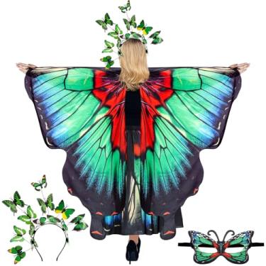 Imagem de Rngmsi Fantasia de xaile de asas de borboleta - capa de asa de borboleta verde vermelha preta com saia conjunto de máscara para mulheres, acessório de foto de cosplay diário, fantasia de festa de