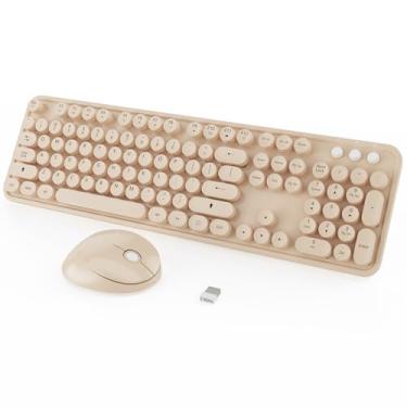 Imagem de Kootop Combo de teclado e mouse sem fio, bonito colorido de 104 teclas, máquina de escrever retrô, teclas redondas para PC, laptop, desktop, Windows, teclados domésticos e de escritório, café