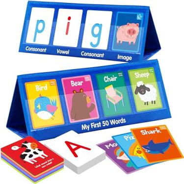 Imagem de Tabela de bolso para mesa Word Building, 48 palavras CVC e 50 primeiras palavras, construtor de palavras de barraca dupla face, conjunto de flashcards de aprendizagem de vocabulário para leitura e