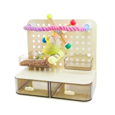 Imagem de Suporte de mesa 3 em 1 para parquinho de pássaros com gavetas de armazenamento, suporte de plástico para pássaros, suporte de poleiro de papagaio com tigelas de comida e água, parquinho de periquito